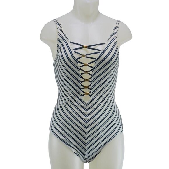 BLEU ROD BEATTIE Women's Swimsuit 1 Pc Nylon Striped Blue White Open Back Size 4 - Picture 10 of 10